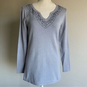 BOGARI silk Light Gray bead/Embroidered V-Neckline Women's Top sweater size M